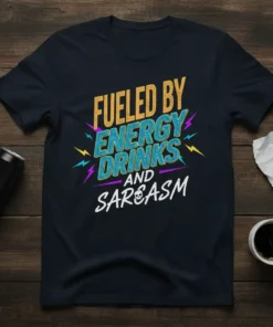 T-shirt design with bold text "Fueled by Energy Drinks and Sarcasm" in vibrant colors and lightning graphics