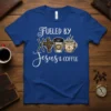 Fueled by Jesus & Coffee t-shirt design with crosses, nails, coffee cup, and hot coffee mug icons