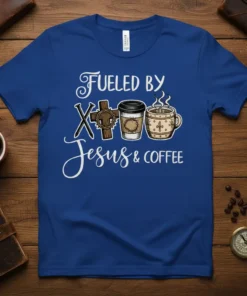 Fueled by Jesus & Coffee t-shirt design with crosses, nails, coffee cup, and hot coffee mug icons
