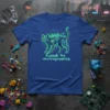 Cyberpunk cat design with text "fueled by microplastics" on a blue t-shirt, highlighting environmental issues