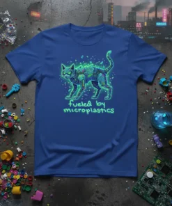 Cyberpunk cat design with text "fueled by microplastics" on a blue t-shirt, highlighting environmental issues