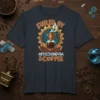 Fueled by Mitochondria & Coffee text with a moka pot and coffee beans graphic on a dark t-shirt