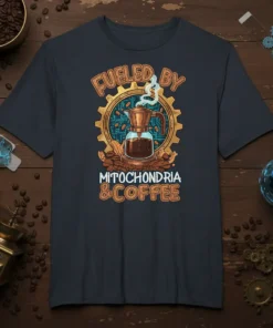 Fueled by Mitochondria & Coffee text with a moka pot and coffee beans graphic on a dark t-shirt