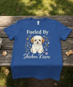 Fueled By Shichon Kisses T-Shirt design featuring a cute Shichon puppy surrounded by hearts and paw prints