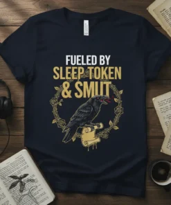 T-shirt with "Fueled By Sleep Token & Smut" text and a raven graphic inside a rose wreath
