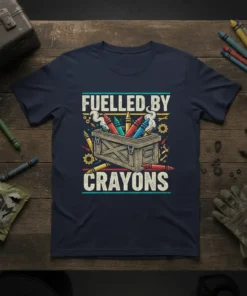 Fuelled By Crayons text design with a wooden crate filled with colorful crayons and small tools, printed on a navy
