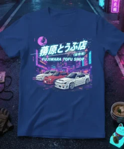 Fujiwara Tofu Shop graphic tee featuring three sports cars and Japanese text in a neon city street scene
