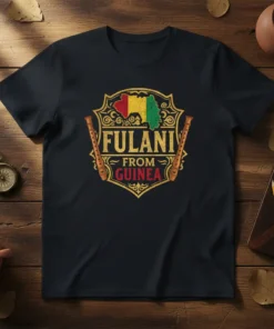 Fulani From Guinea text with Guinea flag map and wooden flutes on a black t-shirt
