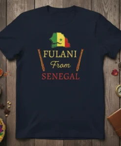 FULANI From SENEGAL text with country map graphic and wooden flutes on navy t-shirt
