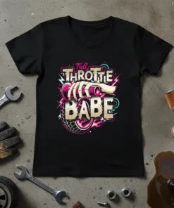Full Throttle Babe text design with a hand gripping a motorcycle throttle and a tire graphic, vibrant pink and blue
