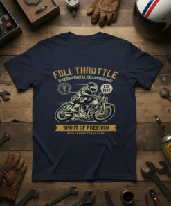 Vintage "Full Throttle International Championship Spirit of Freedom" t-shirt design with a classic motorcycle rider graphic and EST. 1947 detail