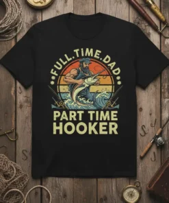 Full Time Dad Part Time Hooker fishing t-shirt design with a man reeling in a marlin and fishing rods