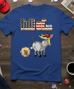 Blue t-shirt with "Full Of Hot Air" text in patriotic font and a cartoon donkey expelling Donald Trump's face