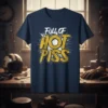 Navy t-shirt with distressed yellow text "FULL OF HOT PISS" in a retro style, on a white starburst background