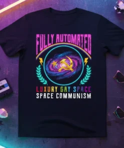 T-shirt with text "FULLY AUTOMATED LUXURY GAY SPACE SPACE COMMUNISM" featuring a galaxy, hammer and sickle, and rainbow accents