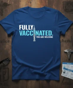 FULLY VACCINATED YOU ARE WELCOME creative graphic design printed on comfortable cotton t-shirt