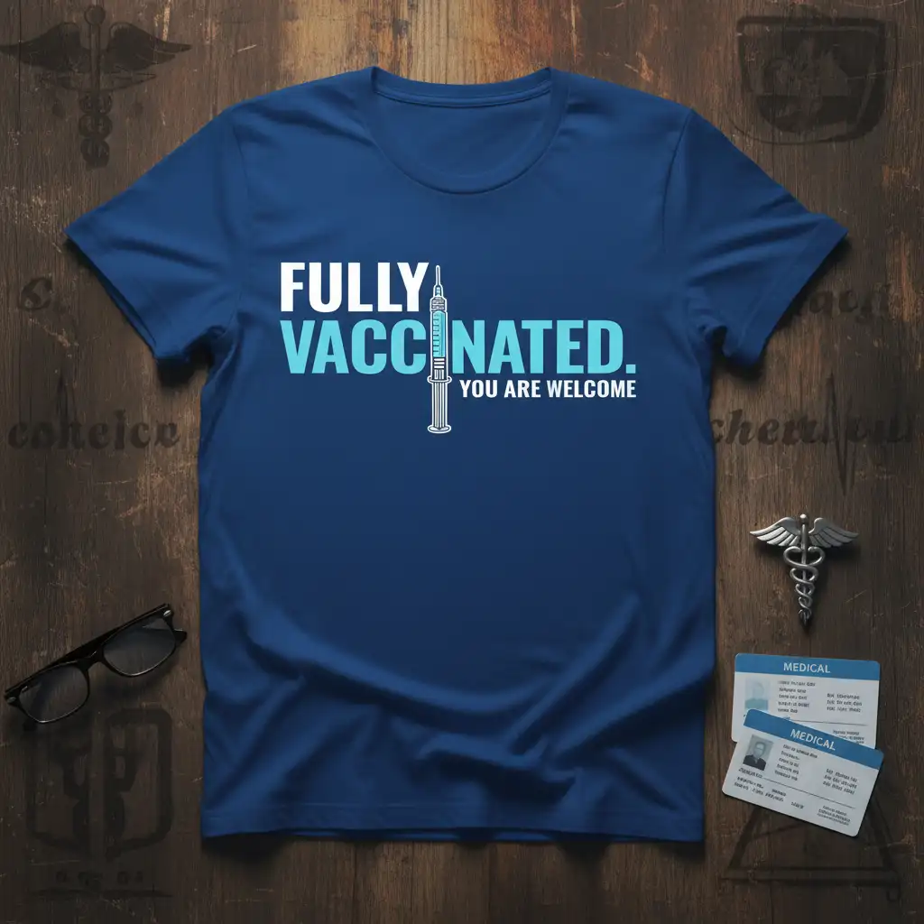 Fully Vaccinated You Are Welcome quote with syringe graphic on a blue t-shirt