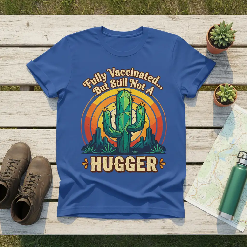 Fully Vaccinated But Still Not A Hugger quote with cactus illustration on a blue t-shirt