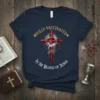 Christian t-shirt design with text "Fully Vaccinated by the Blood of Jesus" and a red cross with thorns and blood