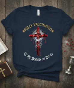 Christian t-shirt design with text "Fully Vaccinated by the Blood of Jesus" and a red cross with thorns and blood