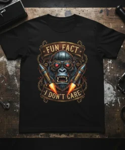 Fun Fact I Don't Care t-shirt design with a detailed illustration of a gorilla wearing steampunk goggles and holding rockets