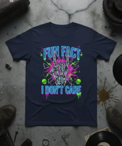 Fun Fact I Don't Care t-shirt with neon skeleton hand graphic and skulls