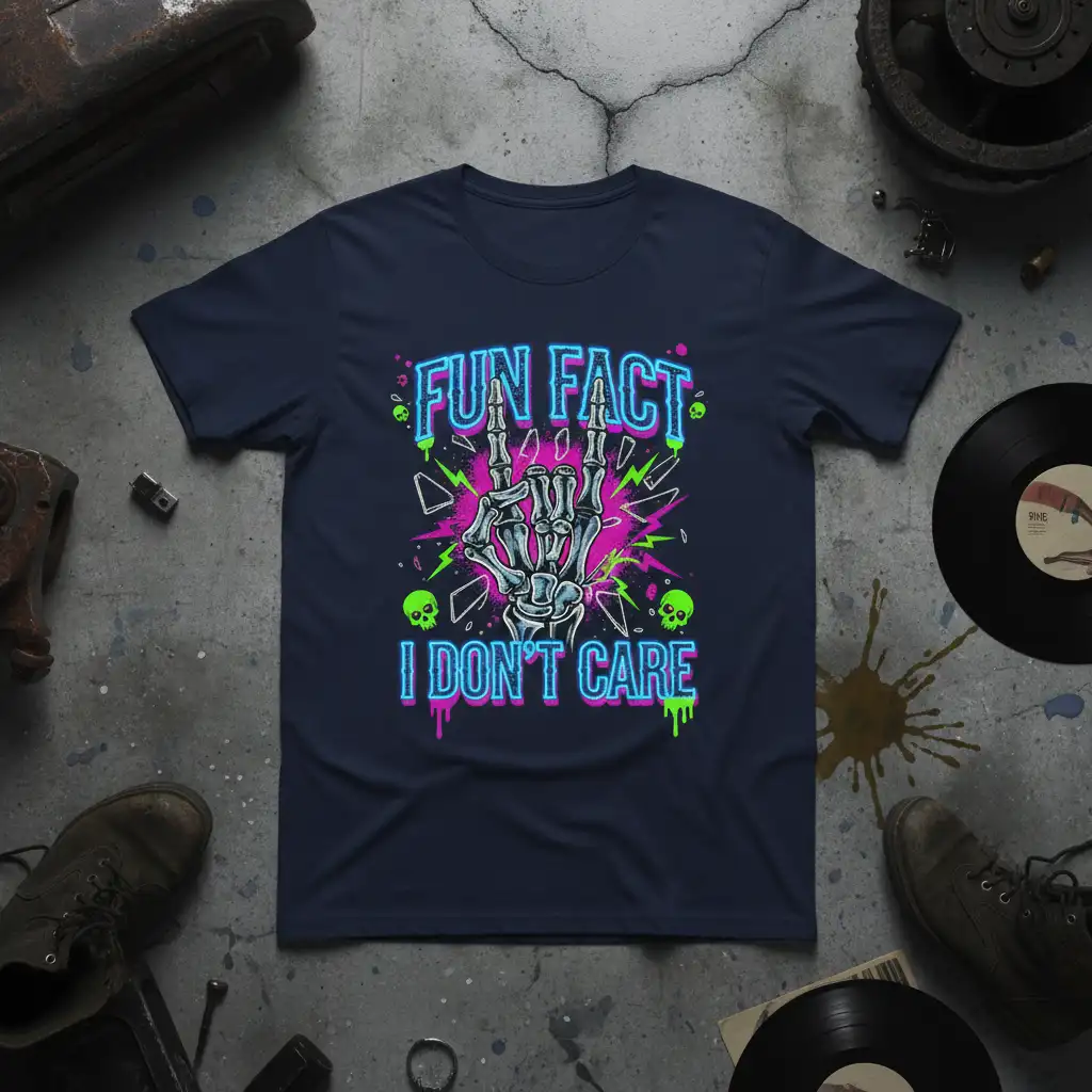 Fun Fact I Don't Care quote with neon skeleton hand and skulls graphic