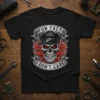 Black t-shirt with "Fun Fact I Don't Care" text and a flaming skull graphic wearing a cap