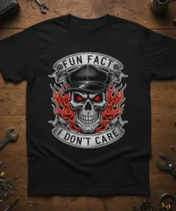 Black t-shirt with "Fun Fact I Don't Care" text and a flaming skull graphic wearing a cap