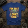 Fun Fact I Don't Care T-Shirt with a skull wearing a cap and gears, bold yellow text