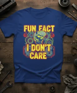 Fun Fact I Don't Care T-Shirt with a skull wearing a cap and gears, bold yellow text