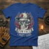 Skull wearing a spiked baseball cap and goggles with flames, text "FUN FACT I DON'T CARE" on a blue t-shirt