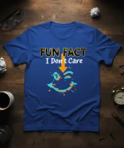 FUN FACT I Don't Care t-shirt with glitchy winking face graphic and orange arrow