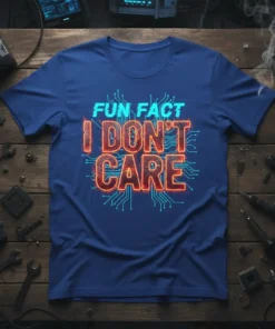 Blue t-shirt with "FUN FACT I DON'T CARE" in fiery orange text over a circuit board pattern
