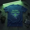 Blue t-shirt with green text "fun fact: i don't care" and a green circuit board graphic