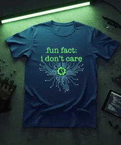 Blue t-shirt with green text "fun fact: i don't care" and a green circuit board graphic