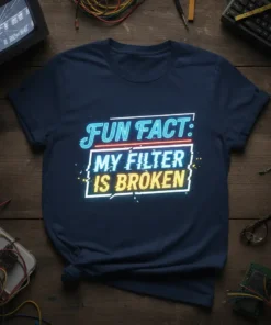 T-shirt with neon-style text "FUN FACT: MY FILTER IS BROKEN" in white and yellow, on a navy blue shirt