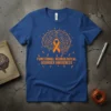 Blue t-shirt with orange text "FUNCTIONAL NEUROLOGICAL DISORDER AWARENESS" and brain graphic with orange ribbons for Functional Neurological Disorder Awareness