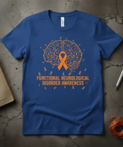 Blue t-shirt with orange text "FUNCTIONAL NEUROLOGICAL DISORDER AWARENESS" and brain graphic with orange ribbons for Functional Neurological Disorder Awareness