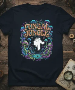 Fungal Jungle t-shirt with psychedelic mushroom art and a cartoon hand pointing down