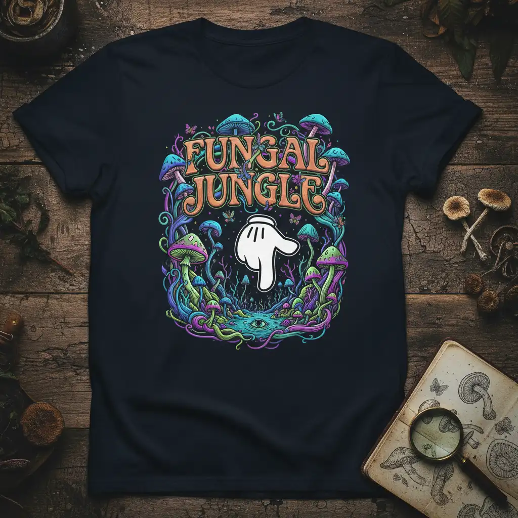 Fungal Jungle design with vibrant psychedelic mushrooms and a cartoon hand graphic