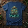 Funguy text with psychedelic mushrooms and glowing accents on a navy blue t-shirt