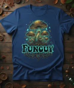 Funguy text with psychedelic mushrooms and glowing accents on a navy blue t-shirt
