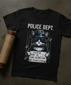 Funny cat wearing sunglasses and a hat in a police mugshot, text reads "CHARGE: I DO WHAT I WANT" on