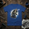 Blue t-shirt featuring a black and tan dachshund howling with the word "Fuck" above it, set within a circular graphic