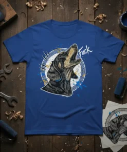 Blue t-shirt featuring a black and tan dachshund howling with the word "Fuck" above it, set within a circular graphic