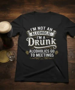 Black t-shirt with white and gold text: "I'm Not an Alcoholic I'm a Drunk Alcoholics Go to Meetings" quote design