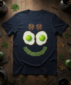 Funny Egg Bacon Smile T-Shirt design featuring a smiley face made of fried eggs, bacon, and clover symbols