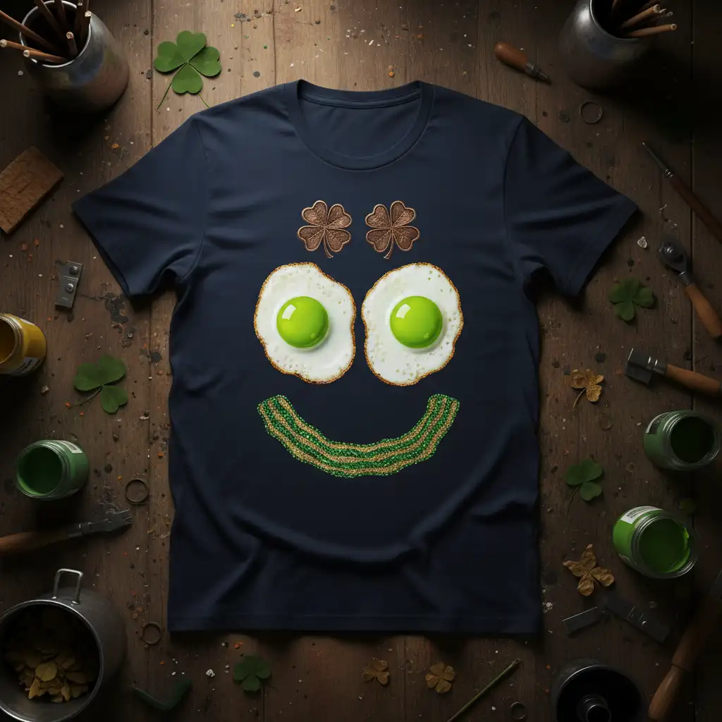 Funny Egg Bacon Smile graphic tee with fried eggs, bacon, and clover elements for a playful breakfast theme