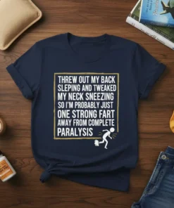 Navy t-shirt with white text quote: THREW OUT MY BACK SLEPING AND TWEEKED MY NECK SNEEZING SO I'M PROBABLY JUST